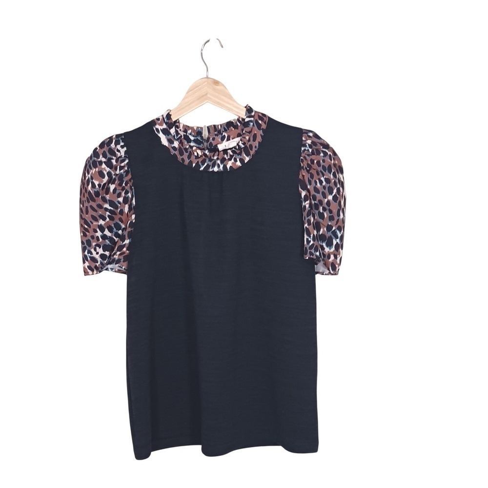 THML Mixed Media Leopard Print Top Womens S Puff Sleeve Ruffle Neck Blouse